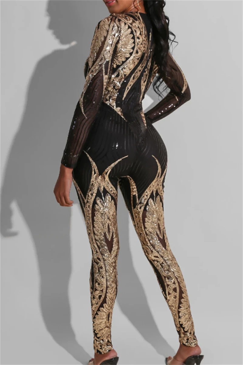 Sexy See Through Sequin Jumpsuit Fall Clothes 2024 Women Long Sleeve Bodysuit Party Nightclub Catsuit One Pieces Overalls Outfit