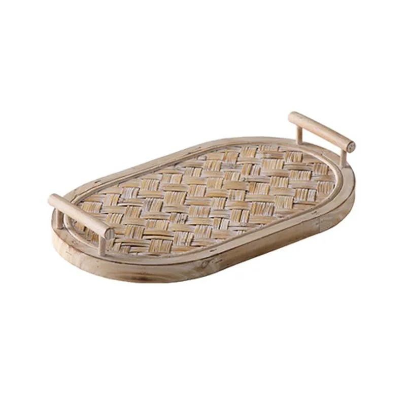 

Bohemian desktop decorative fruit plate cafe cup tray handmade bamboo weaving set rectangular plate