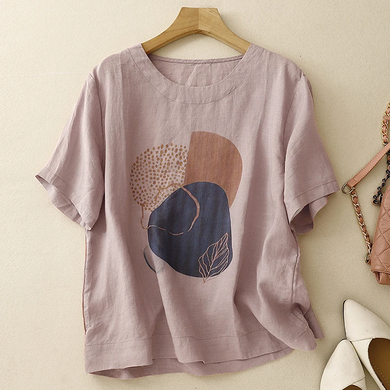 Fashionable Printed Cotton Linen Short Sleeve round Neck Women's T-shirt Commute Versatile Summer Top Age-Defying Small Shirt