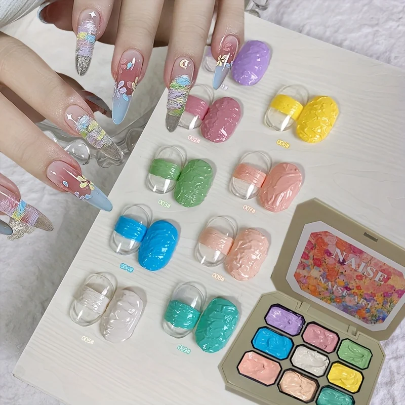 9색, 9칸 네일 폴리쉬 - 마카롱 유화 크림 스타일 - 무광 마감 - 3D 네일 아트 - 번짐 방지 두꺼운 젤 폴리쉬 - Ge