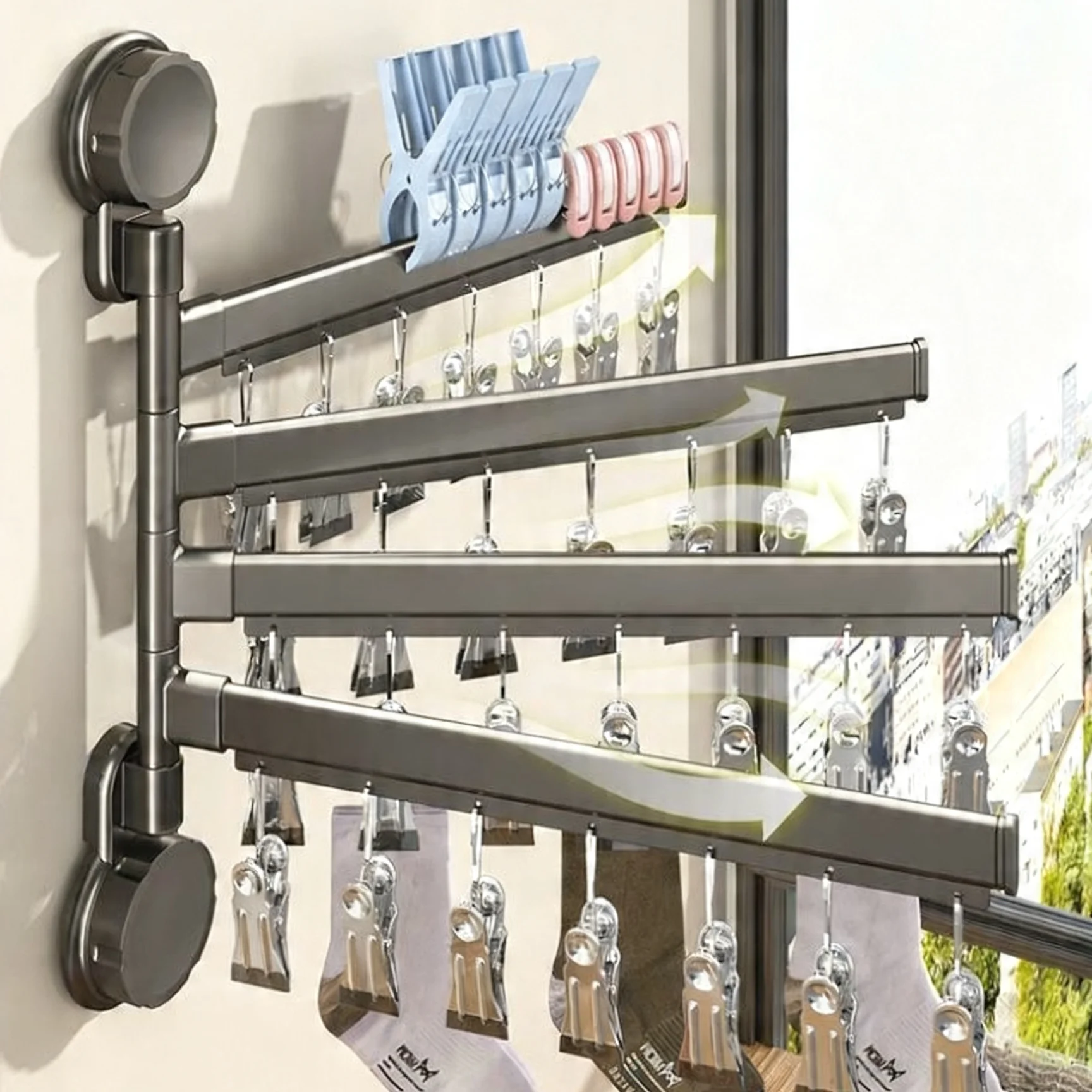 

360 ° Вращающаяся многоярусная вешалка для носков｜Идеально подходит для ванной комнаты и балкона｜Высокая грузоподъемность｜Зажимы съемные и моющиеся