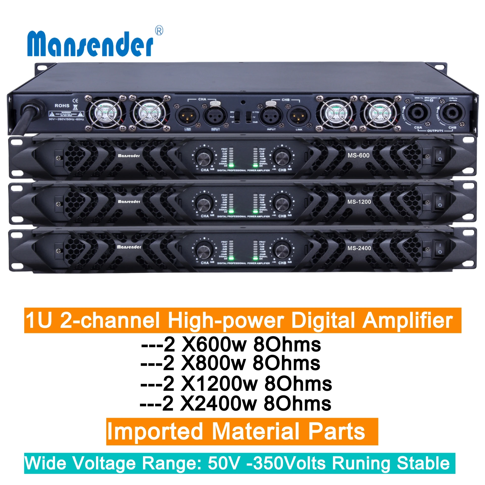 Mansender TOP Professional Audio 1U Class D Digital Amplifier 2 Channel Big Power 2400 Watts Power  Imported Material Parts Amp