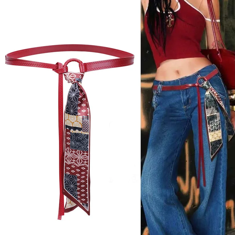 وشاح مصمم حزام جلد للنساء تنوعا عقال حزام وشاح حقيبة مقبض الشريط وشاح يمكن انفصال فستان الجينز زنار #3