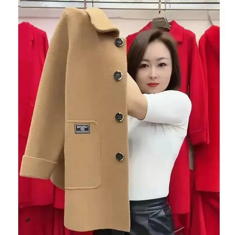 Middle aged Mother Woolen Coat Imitation Double-sided Woolen Jacket Women Autumn Winter Top High End Versatile Wool Overcoat 6XL