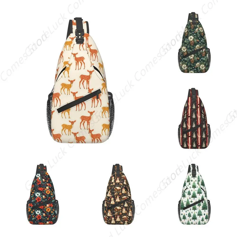 Christmas Crossbody Sling Bag Cute Elk Adjustable Shoulder Backpack for Women Men Travel Hiking Cycling