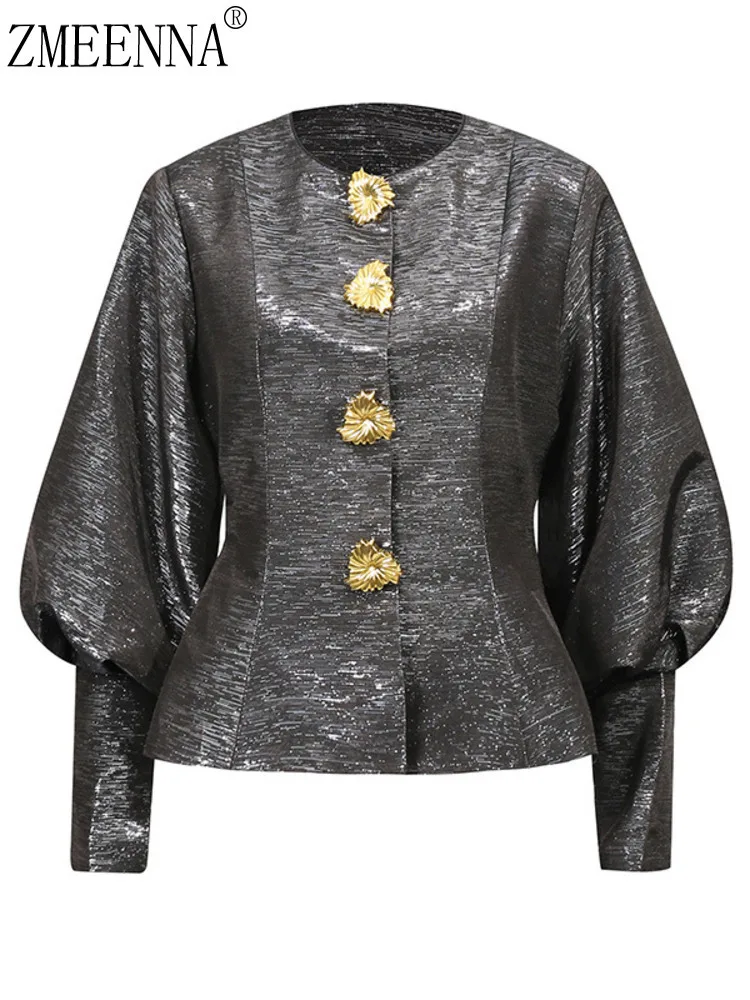 

ZMEENNA Womens Ivory Peplum Jacket Round Neck Puff Sleeve Golden Flower Button Embellished Elegant Outerwear ZM4514