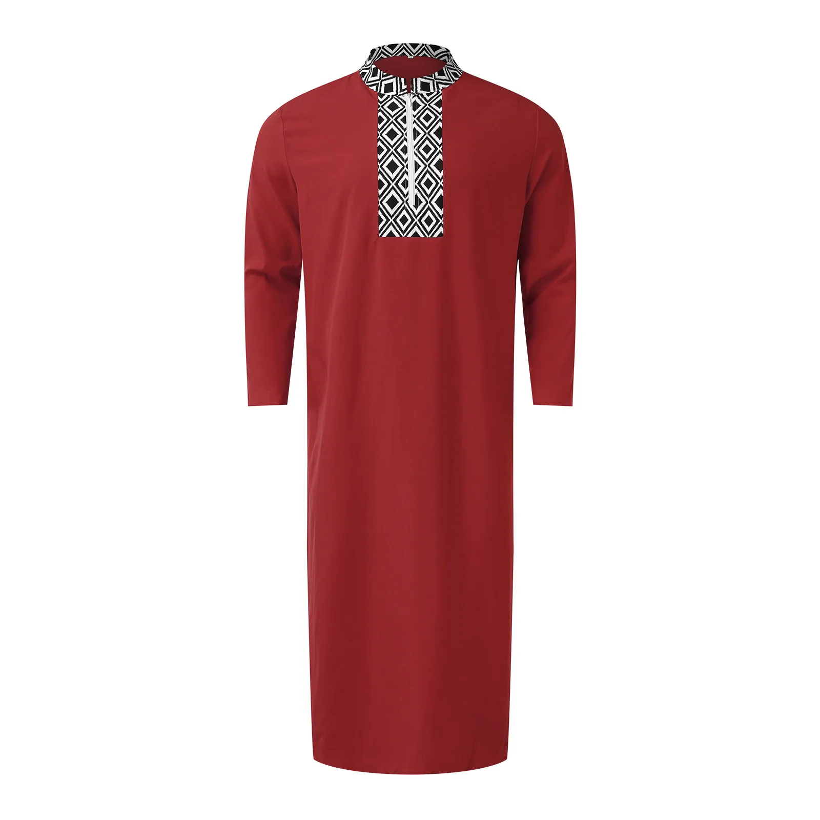 Muslim Fashion Men Jubba Thobe Long Sleeve Solid Color V Neck Printed Stand Collar Robes Islamic Arabic Kaftan Men Abaya