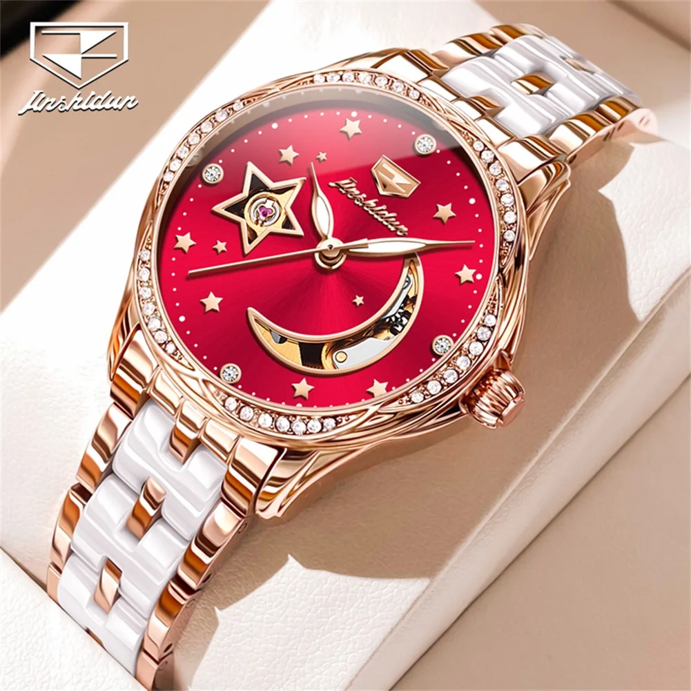 JSDUN 8962 Women's Watch Luxury Ceramic Strap Hollow Moon Star Diamond dial Brand Elegant Automatic Machinery Women's Watch