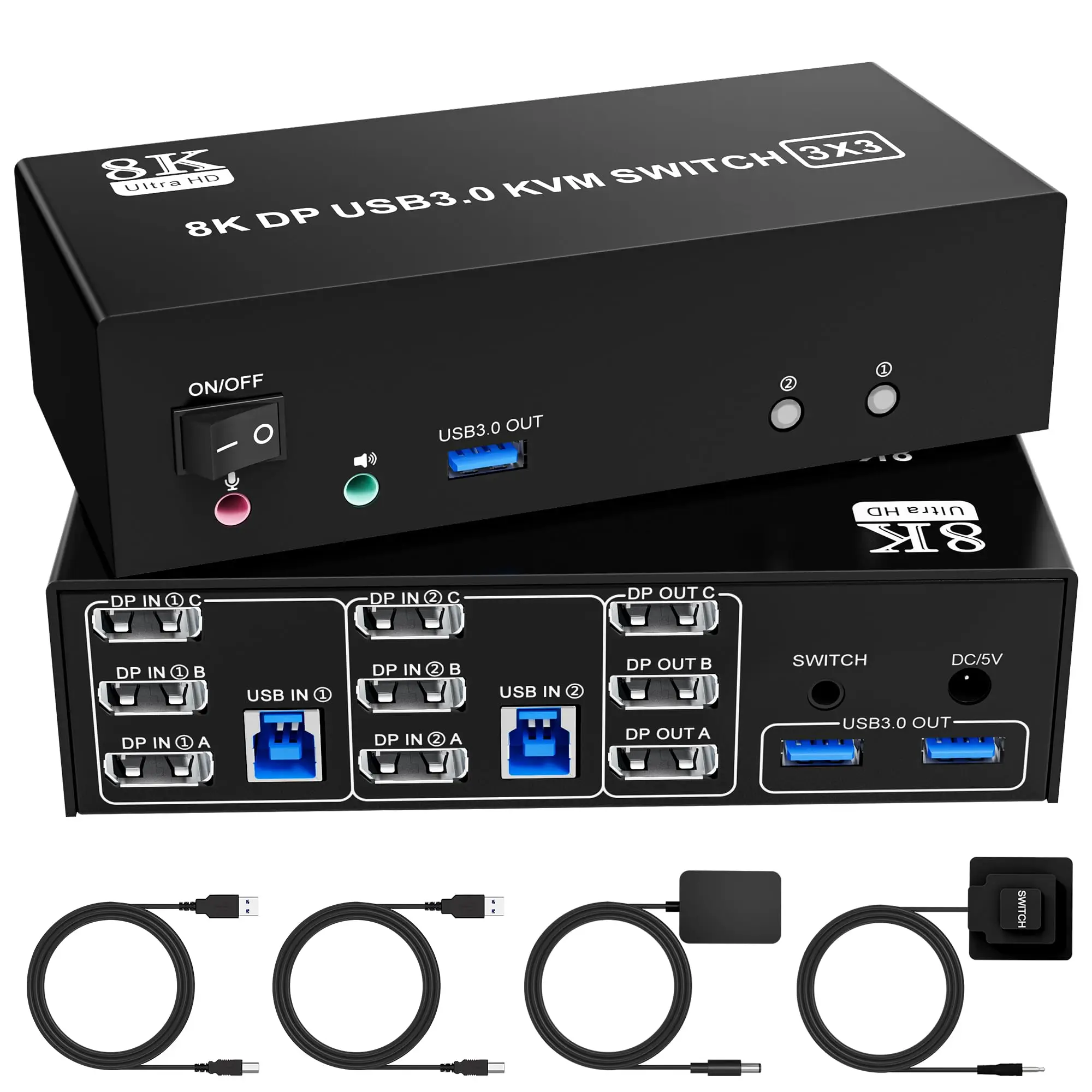 8K@60Hz Displayport KVM Switch 3 Monitors 2 Computers, 4K@144Hz KVM Switch DP 1.4 with 3 USB 3.0 Ports Sharing Keyboard,Printer