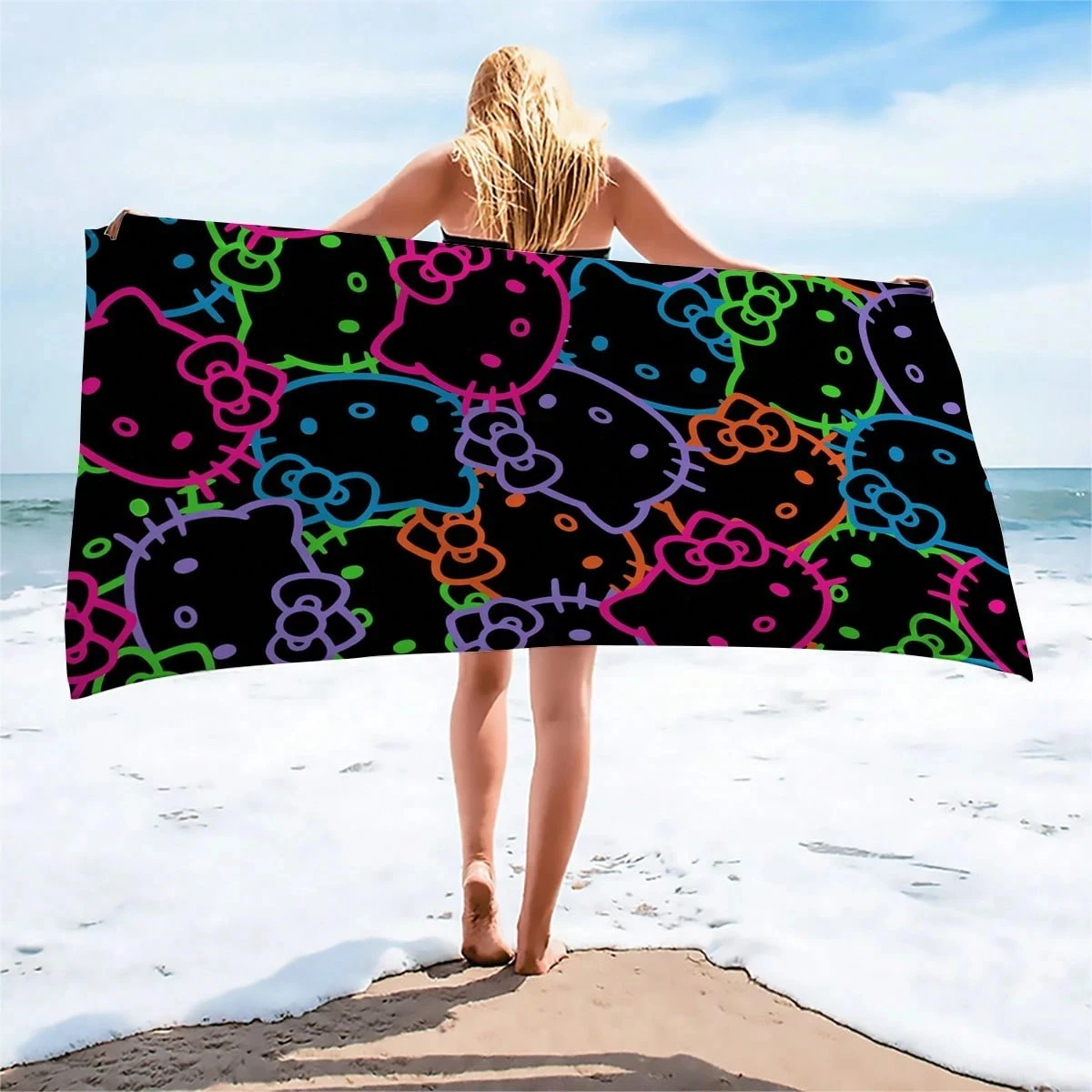 

Пляжное полотенце Sanrio Hello Kitty с неоновым граффити, 1 шт., полиэстер, 2D, плоское, быстросохнущее, мягкое, легкое, подарок для плавания, кемпинга, серфинга