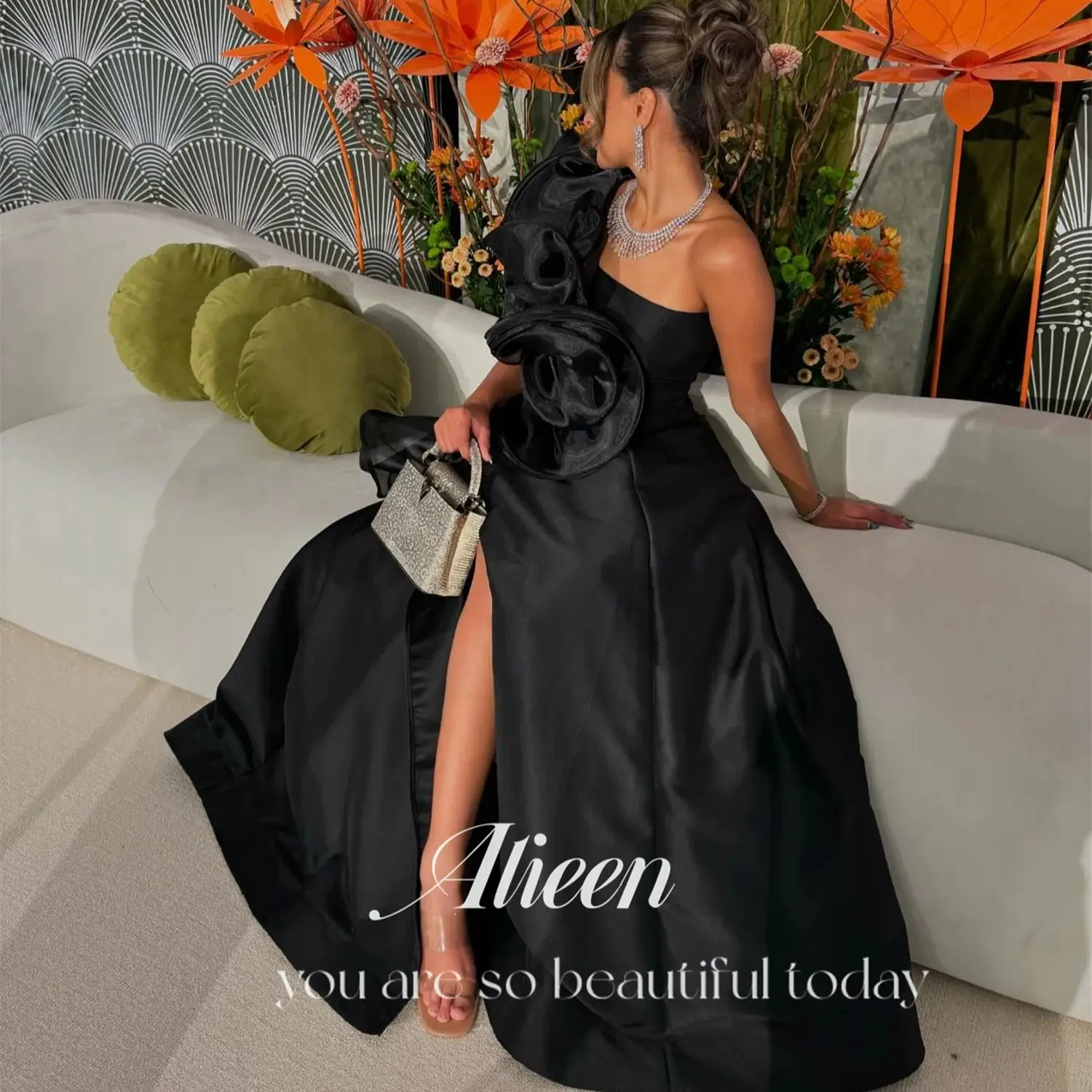 

Aileen Customized Black Satin A-line White Dress Saudi Evening Dresses for Special Occasions Robe Soiree Elegant Gowns Party New