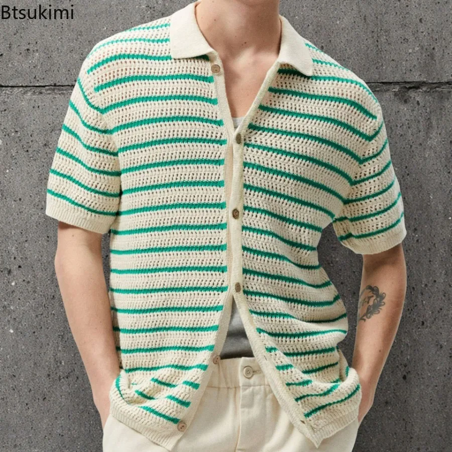 2025 Men's Striped Short Sleeve Knitted Shirts Summer New Comfy Breathable Casual Business Polo Shirts Men Golf Sport Loose Tops