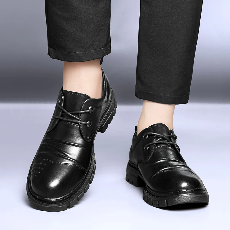 High Quality Men's Comfortable Height Increasing Casual Leather Shoes Fashionable Brand Round Toe Lace Up Business Leather Shoes