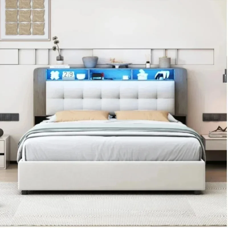 Rosahqnda Doppelbett mit Stauraum für Erwachsene, 140x200/160x200 cm, mit Stauraum im Kopfteil und LED-Beleuchtung, gepolstertes Bett mit Lattenrost, Samt, Off-White, ohne Matratze