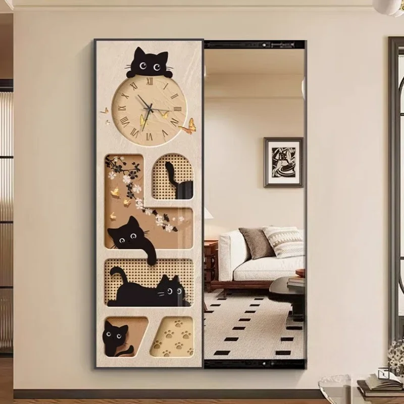 Kitten Wall Clock French Style Hidden Full-length Mirror Decorative Painting Open or Push-pull Style Entrance Hall Clock Mural