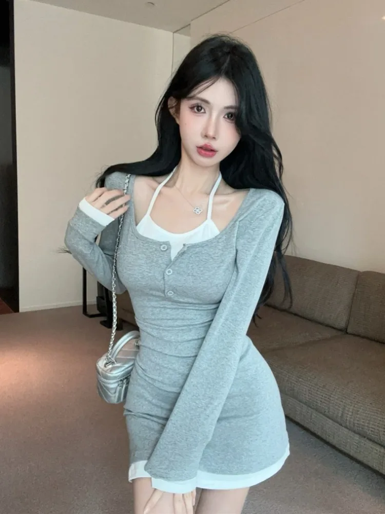 

Spring Autumn Korean Style V-neck Ruffle Hem Short Skirt Tea Break Sexy Fake Two-piece Long Sleeve Dress Women