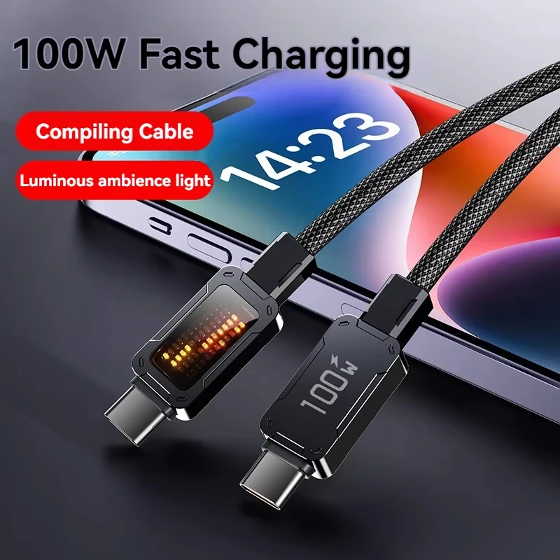 

100W USB Type C to C Digital display Fast Charging Cable for Samsung S25 S24 Xiaomi Huawei Series OnePlus iPhone 15 16 17 pro
