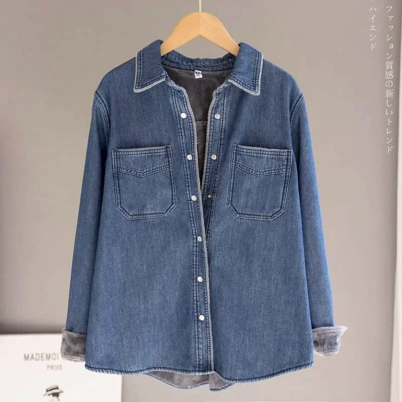 

Denim Shirts for Women Vintage Long Sleeved Plush Brushed Polo-neck Casual Loose Fit Coats Korean Style Retro Blouse Women Tops
