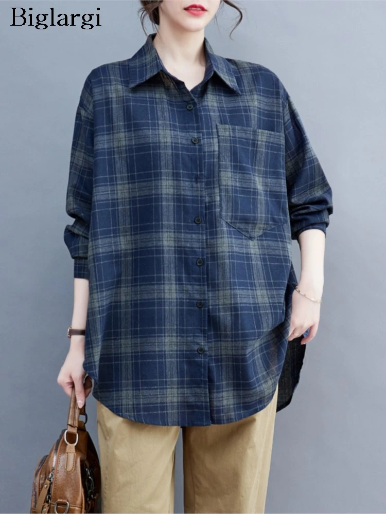 

Oversized Autumn Shirts Women Plaid Print Fashion Irregular Split Ladies Blouses Casual Loose Woman Shirt