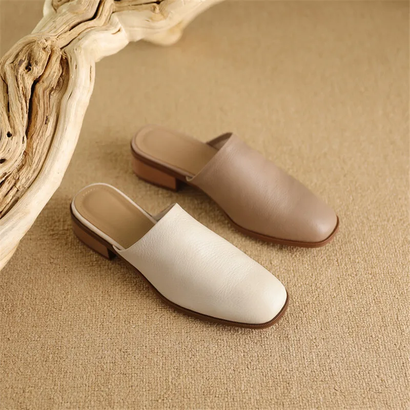 New Genuine Leather Summer Slippers Cover Toe Slippers for Women Fashion Mules Shoes Apricot Ladies Shoes Low Heel Zapatos Mujer