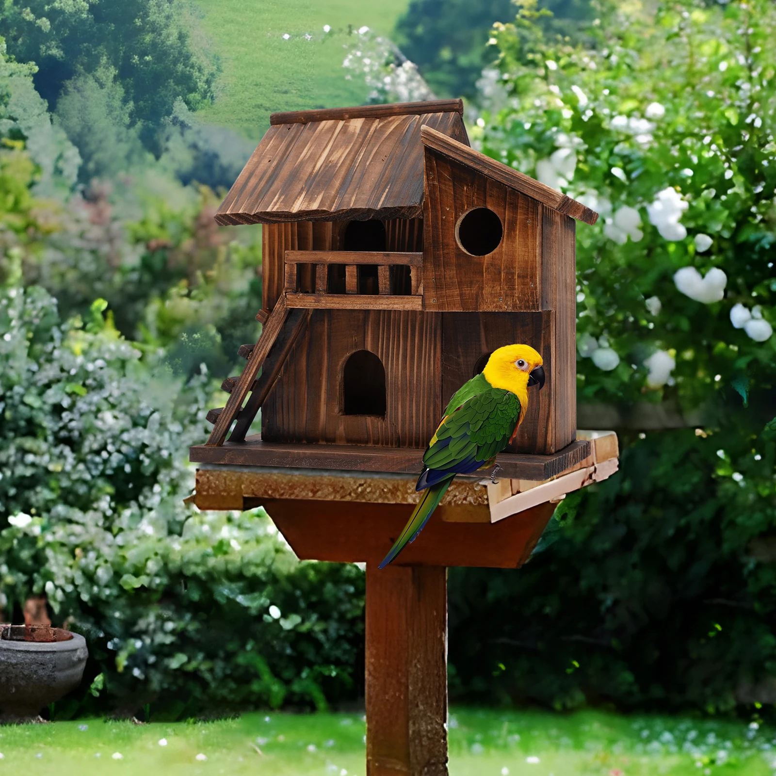 

9.84*9.84in Brown Wood Freestanding & Hanging Bird House and Natural Wooden Hummingbird With 5 Bieds Capacity