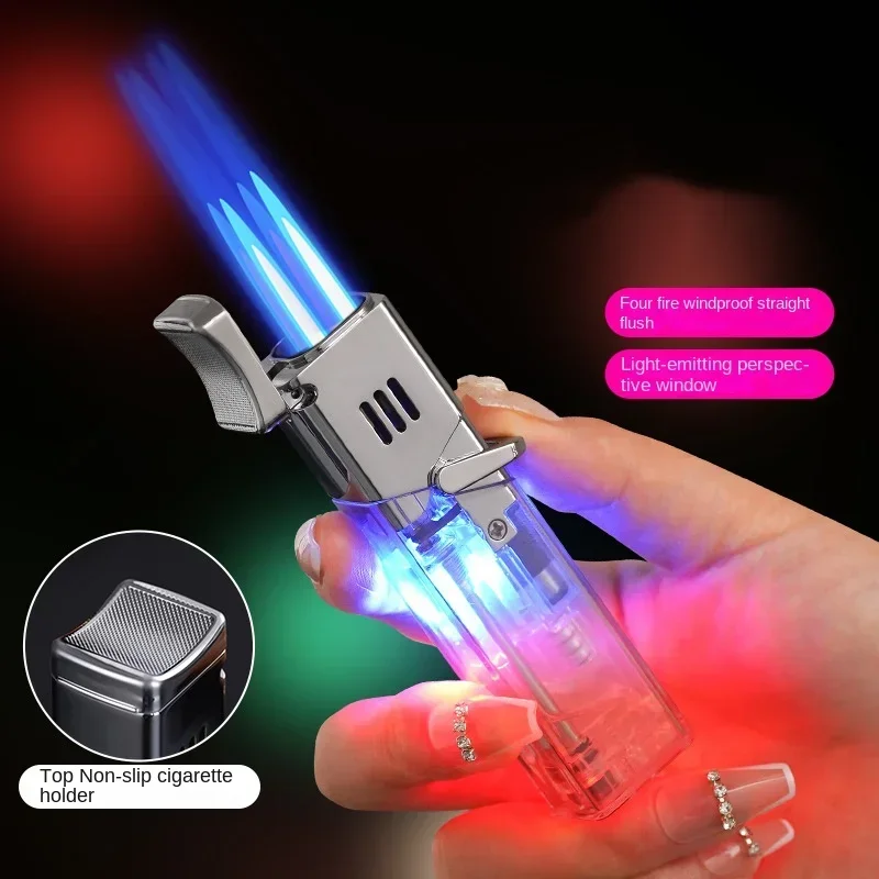 Four Torch Strong Flame Small Spray Gun Lighter Windproof Cigar Transparent Window LED Colored Light Lighter Men\'s Gift