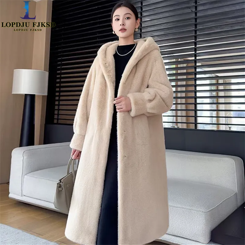 Winter Women High Quality Faux Fur Coat Luxury Hooded Long Fur Coat Loose Lapel OverCoat Thick Warm Female Plush Coats