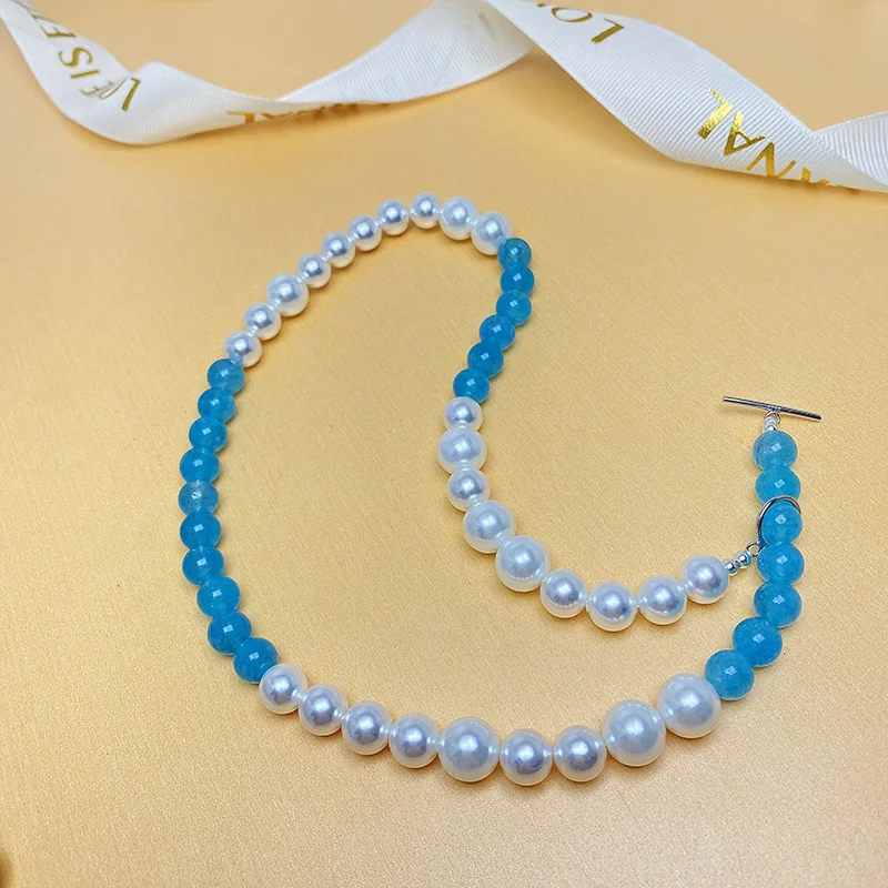 S925 Silver OT Buckle Aquamarine Necklace Shell Pearls Special-Interest Design Blue and White Beaded Clavicle Chain Jewelry Fema