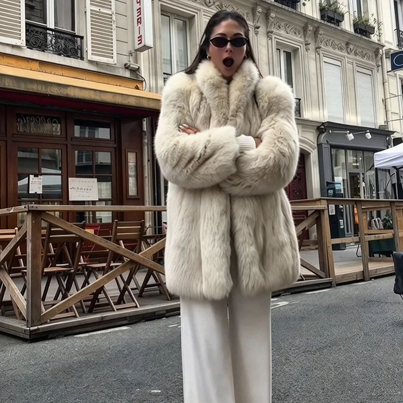 Oversized Women's Faux Fur Coat Stand Collar Puff Fluffy Mid Length Loose Jacket Winter Warm New High Street Luxury Party Coats