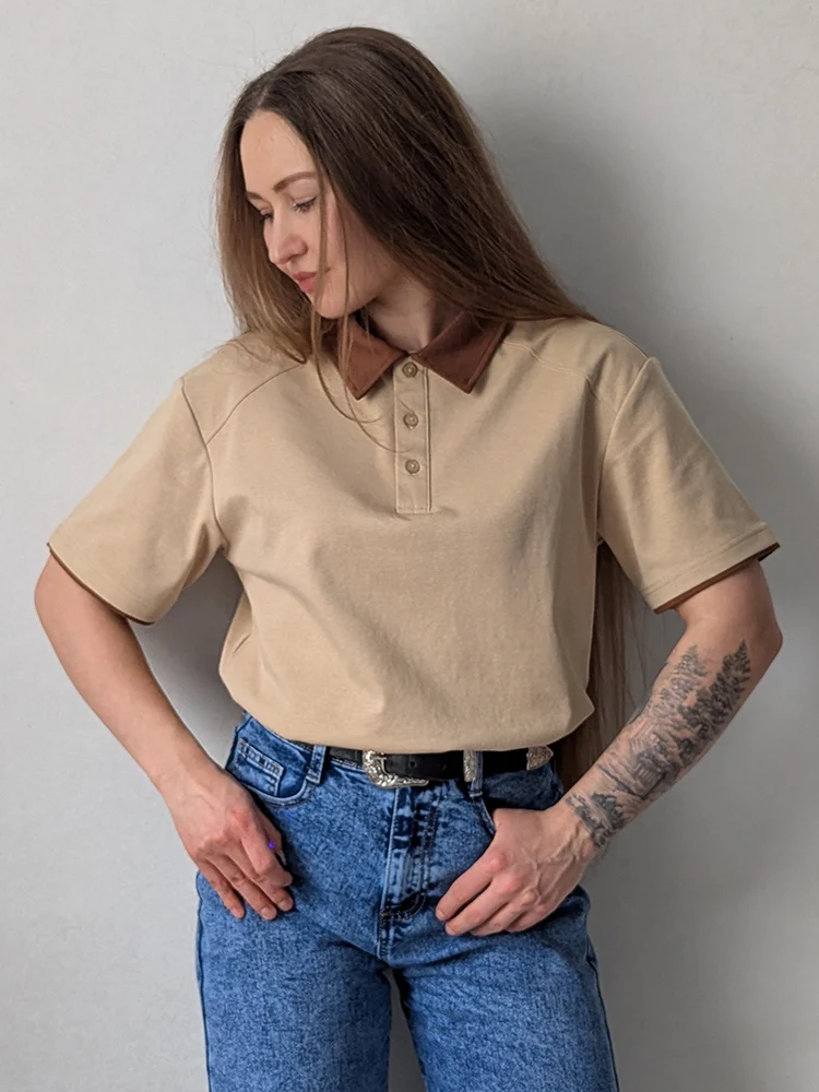 Streamgirl Summer Women's T-shirts And Polo Shirts Woman Cotton Black Loose Short Sleeve Brown Polo T Shirts For Women Oversized 24 S2dc94002107b4dafb5578d4a7d04a495u