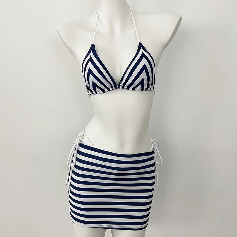OIINAA Striped Swimsuit Women Neck-mounted Lace Up Split Swimsuit Korean Sexy Thongs Summer 2025 New Chic Cover-Ups Wrap Skirt