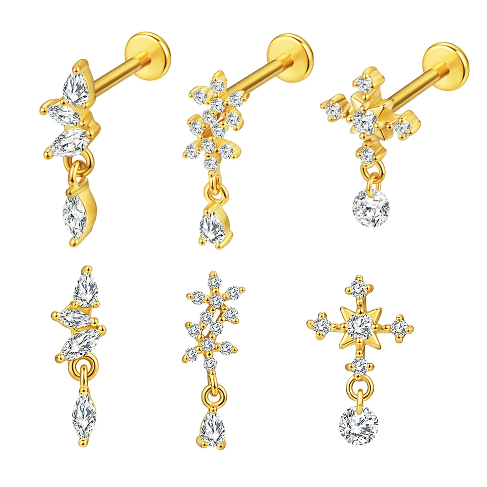 1PC 16G Flower and Waterdrop Pendant Earring Stud Stainless Steel Helix Cartilage Internal Thread Labret Stud Piercing Earrings