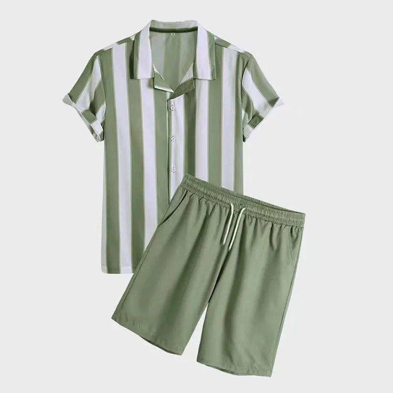 

Summer Hawaii New Style Men's Short Sleeve Striped Beach Shirt Two Piece Set Casual Sportswear Polyester Fabric Short Pants