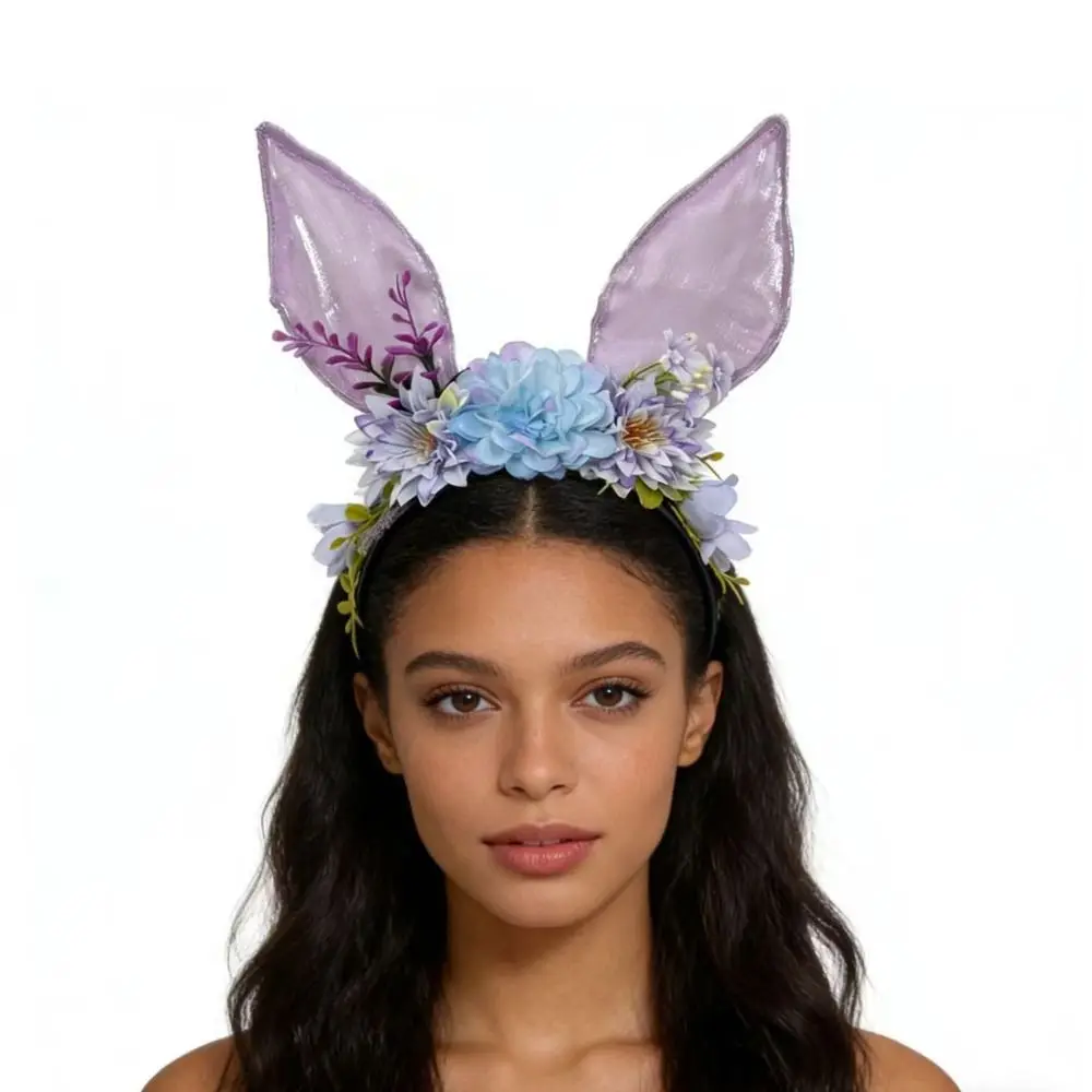

Flower Rabbit Ears Headband Floral Colorful Easter Headwear Headpiece Photography Props Cute Bunny Ears Hair Hoop