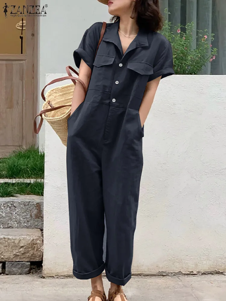 

ZANZEA Women Summer Jumpsuit Lapel Solid Color Short Sleeved Dungarees Femme Fashion Causal Elegant Rompers Work OL Pant 2023