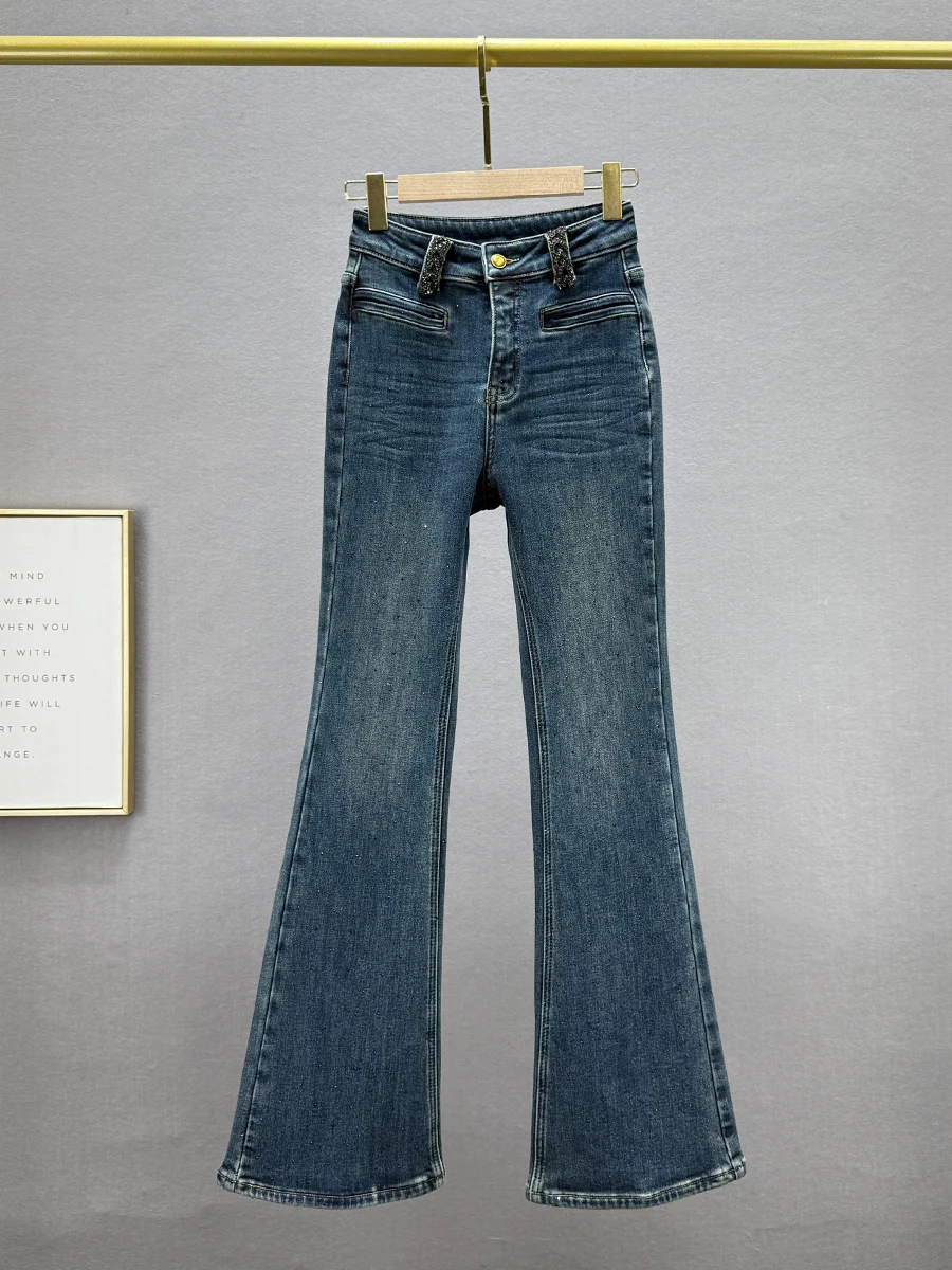 

Женские зимние новые джинсы с высокой талией, на флисовой подкладке, микро-клеш, эластичные, облегающие, длинные, из хлопкового стрейч-денима