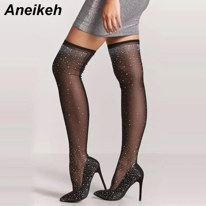 Aneikeh Sexy Crystal Rhinestone Over-the-Knee Boots Stretch Fabric Pointed Toe High Heels Women Pole Dancing Stockings Shoes
