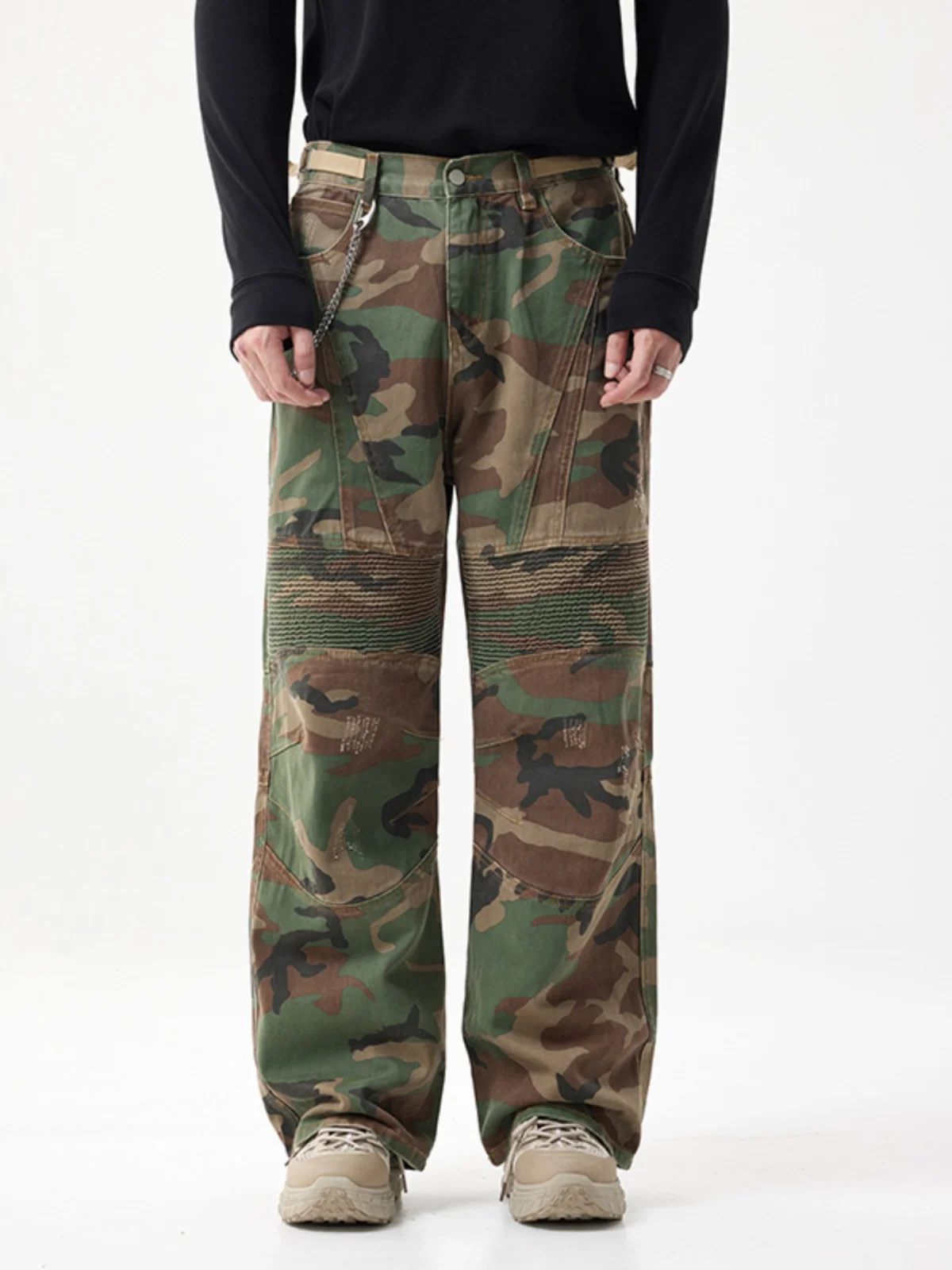 

High-End Men's Distressed Biker Denim Jeans American High Street Loose Camouflage Green Straight Workwear Motorcycle Long Pants