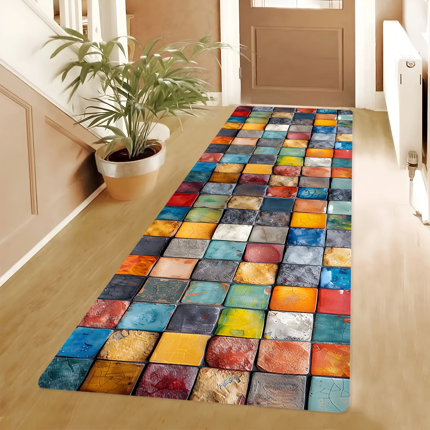 Anti-Slip Absorbent Colorful Mosaic Tile Pattern Long Floor Mat Washable Runner Rug for Living Room Kitchen Entryway Daily Use