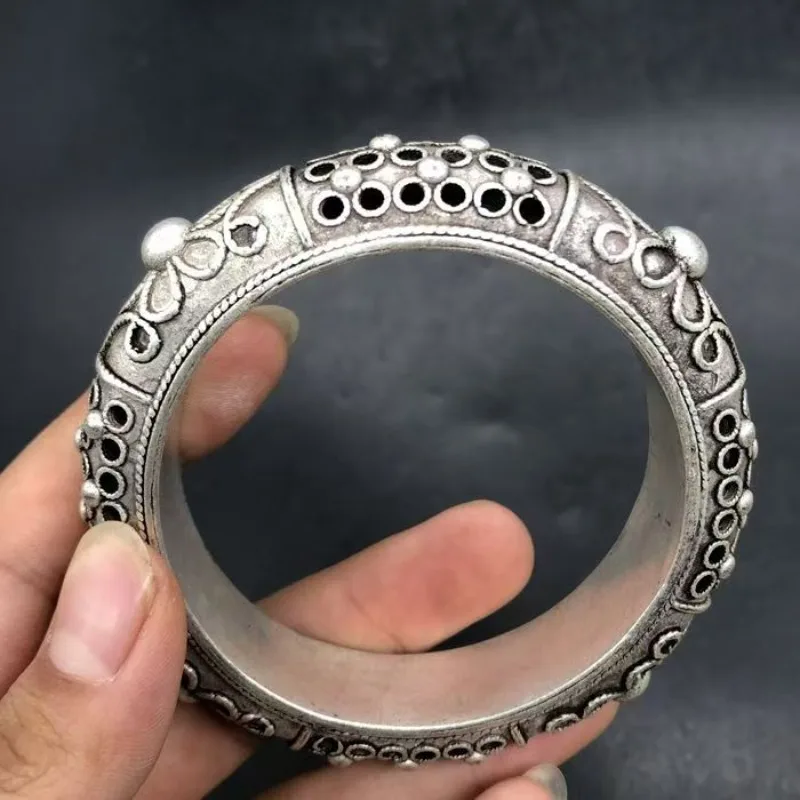 Vintage Qianlong Mark Hollow Copper Bangle Chinese Antique Collectible Wrist Jewelry