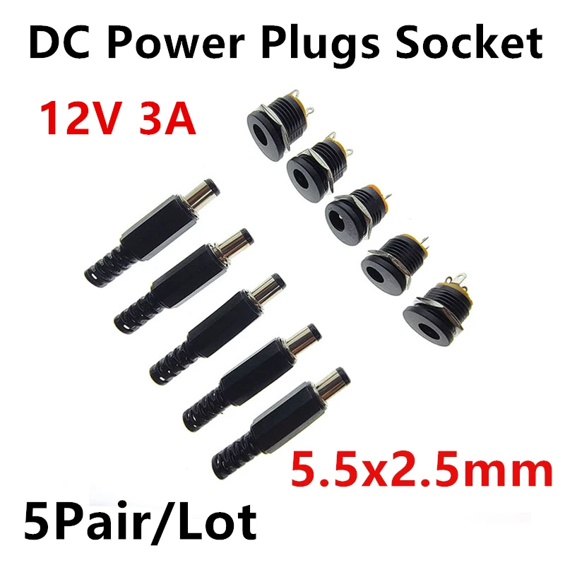 

10Pcs (5Pair) 12V 3A 5.5x2.5mm DC Power Male Plugs Connector DC Power Socket Female Jack Screw Nut Panel Mount Adapter 5.5*2.5mm