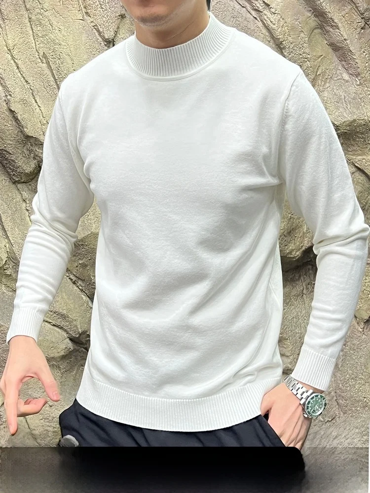 

Смешанный вязаный эластичный мужской свитер с высоким воротником, повседневный дизайн, длинный свек, теплый однотонный модный нож...
