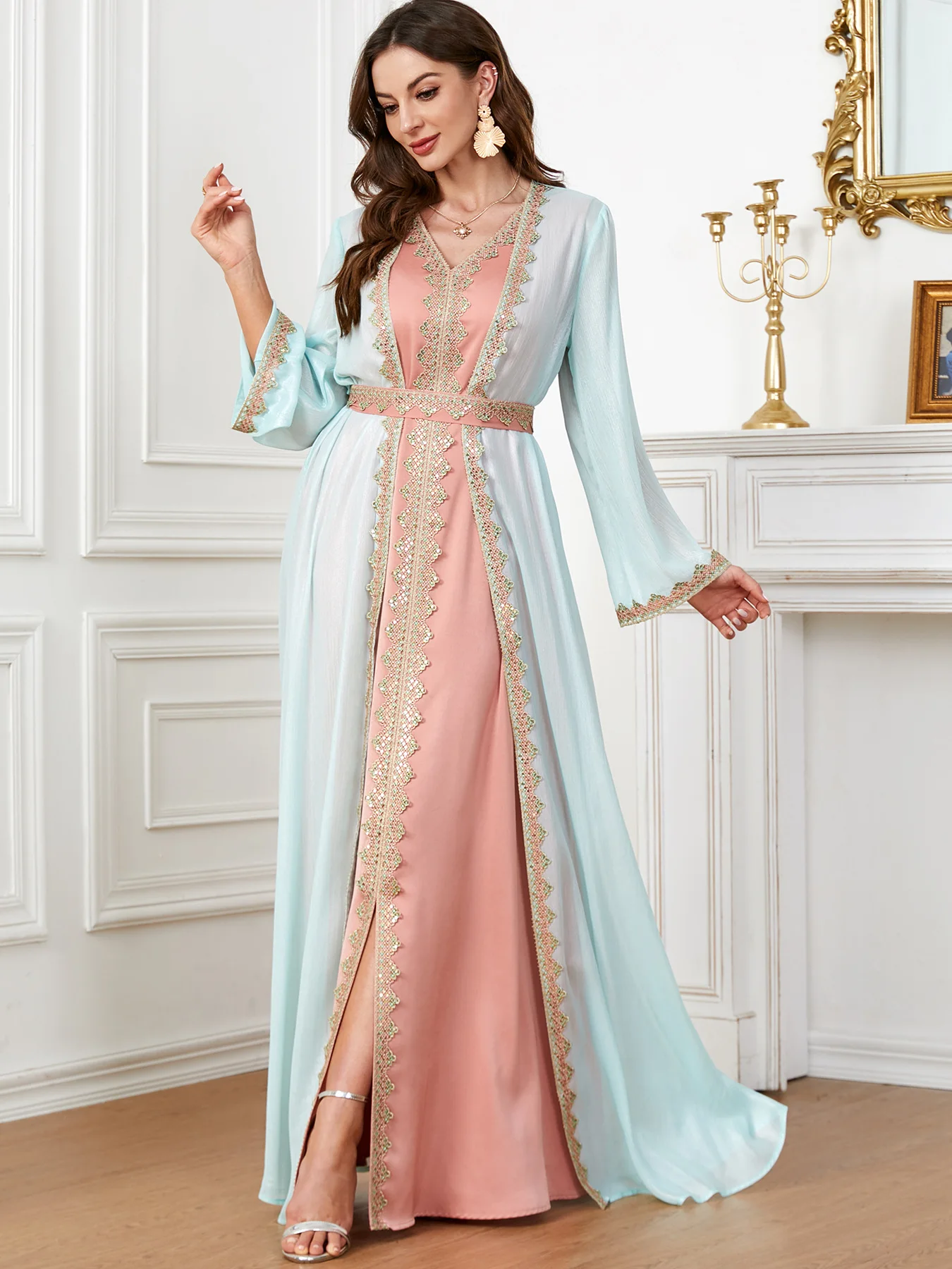 Abaya com vestido interior para mulheres, Eid, Djellaba, Ramadã, Muçulmanos, Quimono Aberto, Dubai, Árabe, Túnica Longa, Kaftan, Roupas Islâmicas, Conjunto de 2 Peças