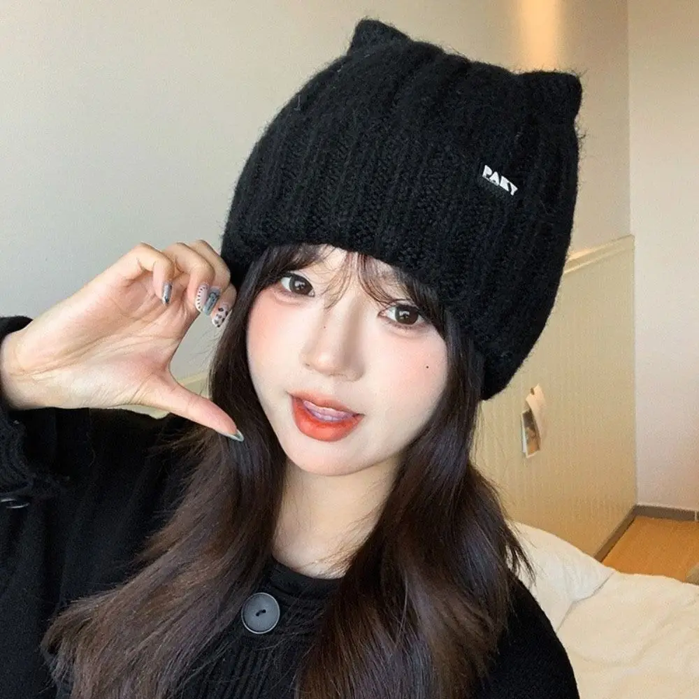 

Lovely Wool Cat Ears Hat Y2k Warm Knitted Pullover Hat Korean Style Windproof Women Beanie Hats Autumn Winter