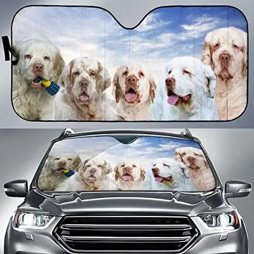 Funny Clumber Spaniel Team Blue Sky Dog Lover Car Sunshade, Auto Sunshade for Clumber Spaniel Mom, Car Windshield Durable Auto V