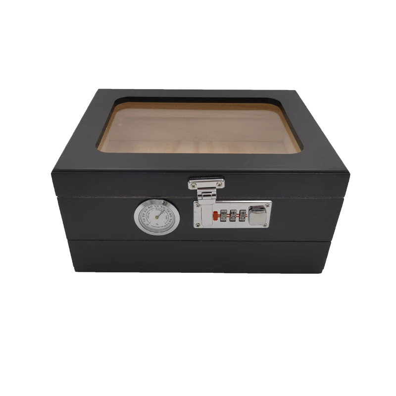 Black Desktop Cedar Wood Humidor Cigar Box Combination Lock Features with Front Hygrometer