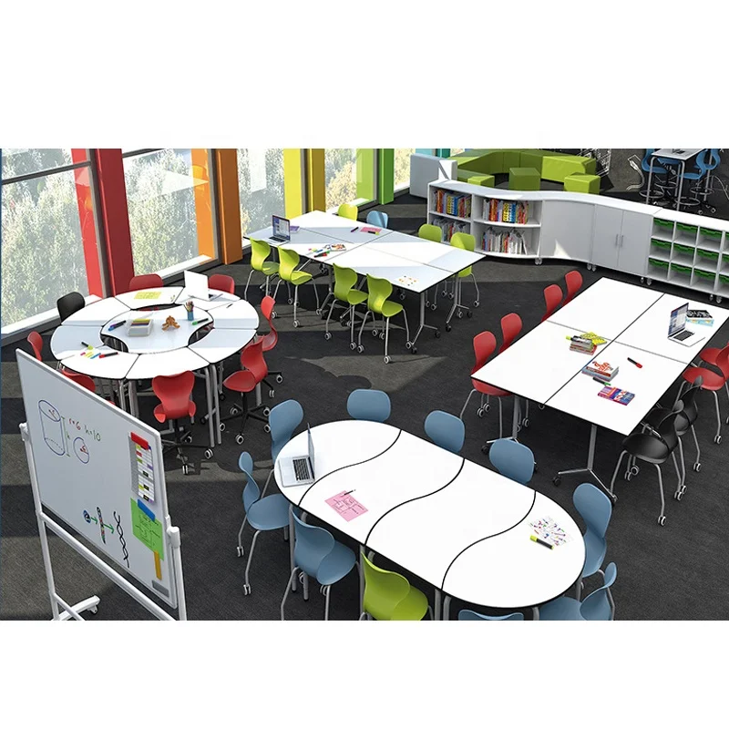 Classroom Table and Chair Set College University Furniture Manufacture School Student Desk Trapezoidal Shaped Wooden