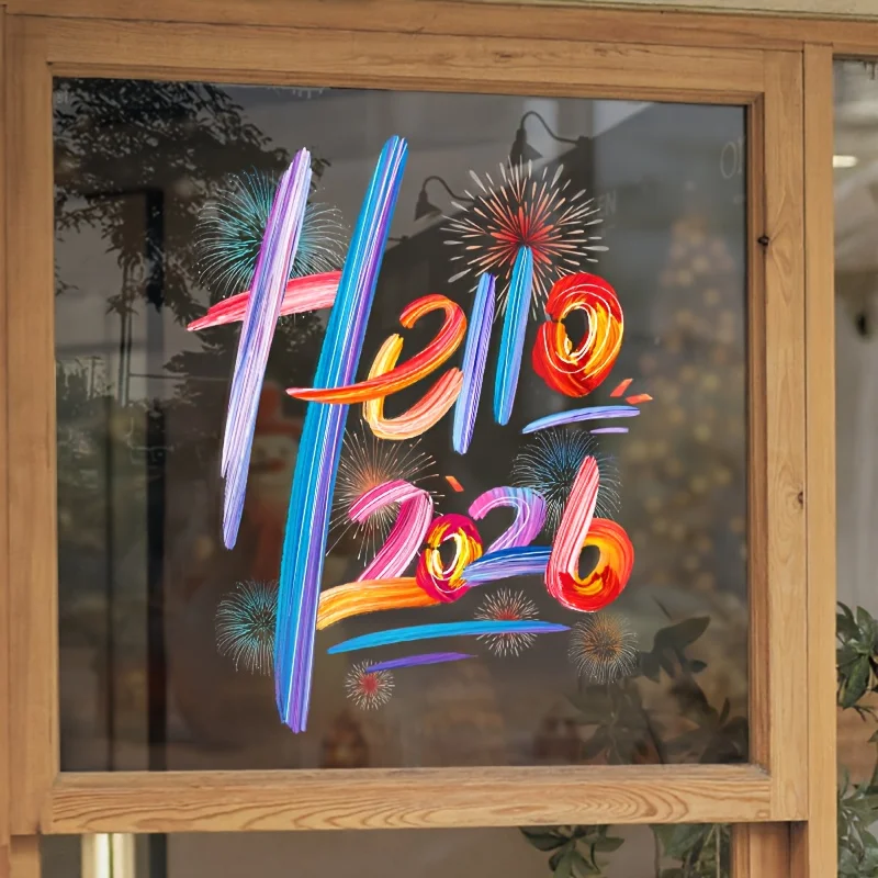 ملصقات السنة الجديدة لتزيين العطلات Hello 2026 ملصقات تزيين النوافذ
