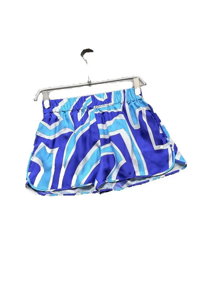 Summer Fashion High Quality Real Silk Geometric Print Casual Shorts Women's Elastic Waist Slim Pocket Straight Barrel Pants