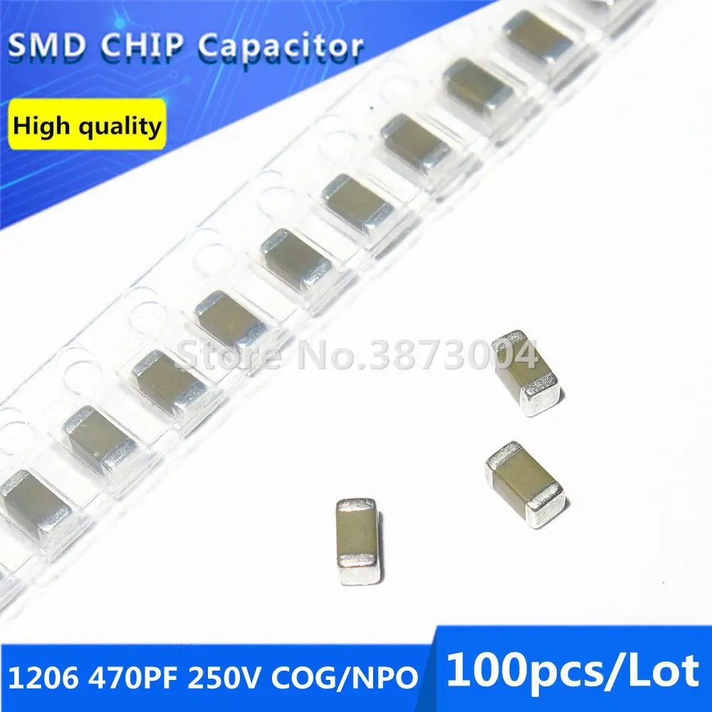

100pcs 1206 470PF 250V COG/NPO 5% Thick Film Chip Multilayer Ceramic Capacitor